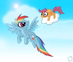 Size: 1279x1089 | Tagged: safe, artist:electric-mongoose, rainbow dash, scootaloo, g4, cloud, cloudy, flying lesson, grin, scared, scootaloo can't fly, training cloud