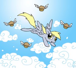 Size: 2403x2144 | Tagged: safe, artist:electric-mongoose, derpy hooves, pegasus, pony, g4, cloud, cloudy, female, flying, high res, mare, muffin, sky, solo, winged muffin, wings