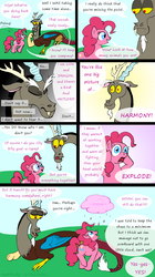 Size: 669x1192 | Tagged: safe, artist:haretrinity, discord, pinkie pie, g4, chocolate rain, comic, female, male, ship:discopie, shipping, straight