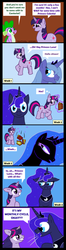 Size: 384x1458 | Tagged: safe, artist:haretrinity, nightmare moon, princess luna, spike, twilight sparkle, g4, comic, lunar cycle, menstruation, nightmare luna, s1 luna, that time of the month, traditional royal canterlot voice