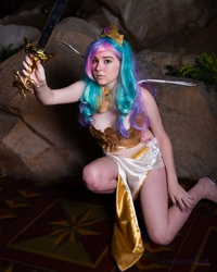 Size: 3643x4554 | Tagged: safe, artist:lochlan o'neil, princess celestia, human, g4, animeland wasabi, armor, cosplay, irl, irl human, midriff, photo, solo, sword