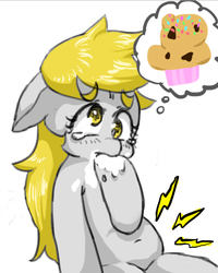 Size: 666x833 | Tagged: safe, artist:misocha, derpy hooves, pegasus, pony, g4, belly button, crying, drool, female, hungry, mare, muffin, pixiv, solo, stomach noise, thinking