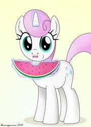Size: 1126x1563 | Tagged: safe, artist:bluemeganium, twinkleshine, pony, unicorn, g4, adorableshine, chewing, cute, eating, female, fourth wall, gradient background, herbivore, looking at you, magic, solo, telekinesis, watermelon