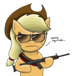 Size: 3088x3212 | Tagged: safe, artist:mateusuk, applejack, g4, female, gun, high res, hot fuzz, rifle, shotgun, simple background, solo, sunglasses