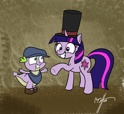 Size: 3174x2914 | Tagged: safe, artist:mateusuk, spike, twilight sparkle, g4, high res, parody, professor layton