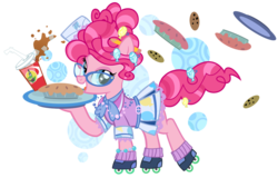 Size: 1000x639 | Tagged: safe, artist:pixelkitties, gummy, pinkie pie, earth pony, pony, g4, 50's fashion, 50s, alternate hairstyle, clothes, fashion, female, food, glasses, hilarious in hindsight, pi day, pie, roller skates, simple background, solo, transparent background, waitress