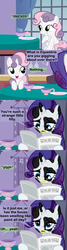 Size: 960x3600 | Tagged: safe, artist:beavernator, rarity, sweetie belle, cow, pony, unicorn, g4, bodypaint, comic, cup, dialogue, face doodle, female, filly, foal, grin, lidded eyes, mare, newspaper, nose ring, open mouth, paint, paint on fur, prank, raricow, smiling, snickering, speech bubble, spots, teacup, written equestrian