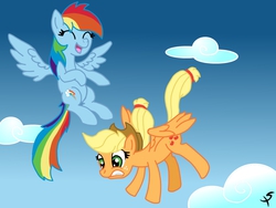 Size: 1024x768 | Tagged: safe, artist:xscaralienx, applejack, rainbow dash, pegasus, pony, g4, falling, race swap