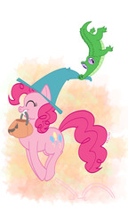 Size: 945x1641 | Tagged: safe, artist:bitter-knitter, gummy, pinkie pie, earth pony, pony, g4, bouncing, eyes closed, halloween, hat, jumping, pronking, pumpkin, pumpkin bucket, witch hat