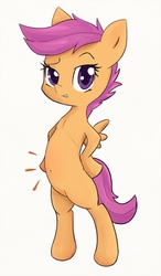 Size: 1050x1800 | Tagged: safe, artist:zokkili, scootaloo, pegasus, semi-anthro, g4, belly, belly button, bipedal, cute, cutealoo, female, filly, foal, grin, looking at you, raised eyebrow, simple background, smiling, solo, stomach noise, white background