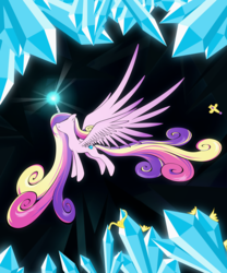 Size: 5000x6000 | Tagged: safe, artist:flamevulture17, princess cadance, alicorn, pony, g4, absurd resolution, crown, crystal, female, glowing, glowing horn, horn, jewelry, large wings, long hair, long mane, long tail, long wings, magic, mare, multicolored hair, multicolored mane, multicolored tail, regalia, solo, solo focus, spread wings, tail, telekinesis, wings