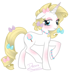 Size: 1656x1728 | Tagged: safe, artist:luminairous, oc, oc only, oc:decora, pony, unicorn, bow, bracelet, necklace, solo