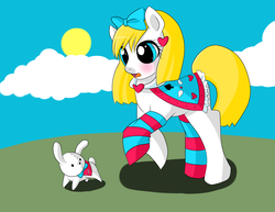 Size: 3300x2550 | Tagged: safe, artist:quila111, oc, oc only, oc:alice, pony, rabbit, blushing, clothes, high res, solo, toy