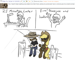 Size: 993x800 | Tagged: safe, artist:wryte, applejack, human, g4, beard, blackjack and hookers, clothes, computer, fishing, fishing rod, forum, glasses, hat, pier, pun, self insert, sunglasses, tv tropes, visual pun