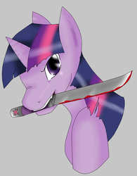 Size: 900x1151 | Tagged: safe, artist:pi9o, twilight sparkle, g4, blood, bust, female, knife, machete, mouth hold, solo