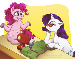 Size: 750x586 | Tagged: dead source, safe, artist:trojan-rabbit, pinkie pie, rarity, earth pony, pony, unicorn, g4, funny, glasses, how the grinch stole christmas, sewing, sewing machine, table, the grinch, unamused, working
