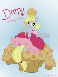 Size: 3000x4000 | Tagged: safe, artist:melancholychoice, derpy hooves, pegasus, pony, g4, clothes, crown, dress, female, mare, muffin, queen, scepter, solo