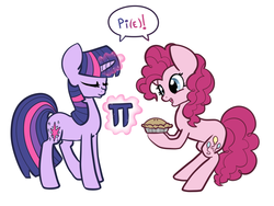 Size: 1200x900 | Tagged: safe, artist:otterlore, pinkie pie, twilight sparkle, pony, bipedal, cute, eyes closed, glowing horn, hoof hold, levitation, magic, math, open mouth, pi, pi day, pie, simple background, smiling, speech bubble, telekinesis, white background