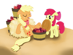 Size: 4000x3000 | Tagged: safe, artist:paintedhooves, apple bloom, applejack, g4, apple, bucket, clothes, drool, hay, messy mane, shawl, sleeping