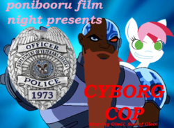 Size: 672x494 | Tagged: safe, artist:feral socks, oc, oc only, oc:flicker, cyborg, ponibooru film night, cyborg cop, photoshop masterpiece