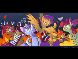 Size: 1024x768 | Tagged: safe, artist:egophiliac, apple bloom, babs seed, scootaloo, sweetie belle, earth pony, pegasus, pony, unicorn, slice of pony life, g4, apple, cutie mark crusaders, fire, guitar, horn, keytar, musical instrument, older, wallpaper