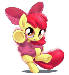 Size: 918x1000 | Tagged: safe, artist:stoic5, apple bloom, earth pony, pony, g4, adorabloom, bipedal, bow, clothes, cute, female, filly, foal, grin, hoodie, looking at you, pointing, pointing at you, simple background, smiling, solo, sweater, sweet dreams fuel, underhoof, white background
