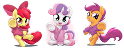 Size: 2540x1000 | Tagged: safe, artist:stoic5, apple bloom, scootaloo, sweetie belle, earth pony, pegasus, pony, unicorn, g4, adorabloom, bipedal, clothes, cute, cutealoo, cutie mark crusaders, diasweetes, female, filly, fourth wall, grin, hoodie, imminent boop, leaning on the fourth wall, looking at you, pointing, screen boop, sitting, smiling, spread wings, sweater, trio, underhoof, wings