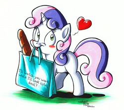 Size: 900x799 | Tagged: safe, artist:tobibrocki, sweetie belle, g4, bag, baguette, blushing, bread, bronybait, cute, diasweetes, female, food, heart, looking at you, message, mouth hold, solo