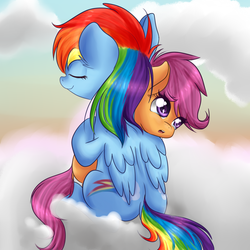 Size: 2000x2000 | Tagged: safe, artist:chiweee, rainbow dash, scootaloo, pegasus, pony, g4, crying, fanfic art, high res, hug, scootalove
