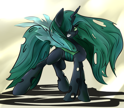 Size: 1024x887 | Tagged: safe, artist:madacon, queen chrysalis, changeling, changeling queen, nymph, g4, cute, cutealis, female, grin, hair over one eye, looking at you, sassy, shadow, smiling, solo, younger