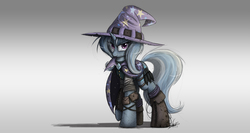 Size: 2500x1328 | Tagged: safe, artist:ncmares, trixie, pony, unicorn, g4, cape, clothes, dirty, fanfic art, female, frown, glare, knife, looking at you, mare, messy mane, night shift, raised hoof, solo, weapon