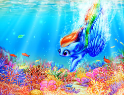 Size: 2600x2000 | Tagged: safe, artist:katputze, rainbow dash, fish, pegasus, pony, g4, bubble, color porn, coral, crepuscular rays, cute, ear fluff, feather, female, flowing mane, flowing tail, folded wings, high res, mare, ocean, reef, scenery, seaweed, solo, sunlight, swimming, tail, underwater, wings