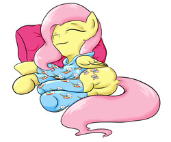 Size: 2400x2001 | Tagged: safe, artist:alazak, fluttershy, g4, accessory swap, clothes, cute, dock, eyes closed, female, high res, implied flutterdash, lesbian, on side, pajamas, pillow, ship:flutterdash, shipping, shyabetes, sleeping, socks, solo