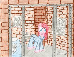 Size: 1024x781 | Tagged: safe, artist:the1king, pinkie pie, g4, cell, clothes, crossover, hannibal lecter, jail cell, jumpsuit, prison, prison outfit, prisoner pp, shirt, silence of the lambs, undershirt