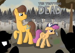 Size: 6000x4200 | Tagged: safe, artist:thebrokencog, caramel, scootaloo, zombie, g4, absurd resolution, clementine (walking dead), hammer, the walking dead