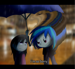 Size: 936x854 | Tagged: safe, artist:fj-c, edit, dj pon-3, octavia melody, vinyl scratch, human, g4, are you frustrated?, crying, frown, humanized, pony coloring, rain, sad, smiling, umbrella