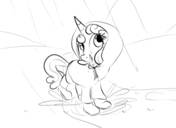 Size: 810x585 | Tagged: safe, artist:dotkwa, sweetie belle, g4, clothes, grayscale, hoodie, monochrome, rain, sketch