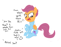Size: 1685x1313 | Tagged: safe, artist:frikdikulous, scootaloo, g4, annoyed, clothes, colored, dialogue, female, footed sleeper, frown, glare, open mouth, pajamas, raised hoof, scootaloo is not amused, simple background, sitting, sketch, solo