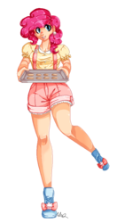 Size: 511x965 | Tagged: safe, artist:missmaeko, pinkie pie, human, g4, baking, carrying, clothes, cookie, earring, female, food, humanized, looking at you, pixel art, shorts, solo, suspender shorts, suspenders