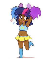 Size: 820x980 | Tagged: safe, artist:php56, twilight sparkle, human, g4, armpits, belly button, cheerleader, clothes, cute, dark skin, eared humanization, female, humanized, midriff, music notes, pom pom, pony ears, skirt, socks, solo, sports bra, twiabetes