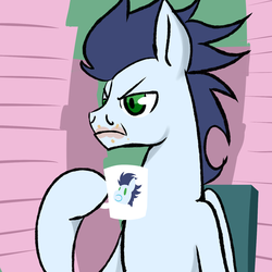 Size: 1280x1280 | Tagged: safe, artist:glasdale, soarin', g4, angry, annoyed, cup, male, mug, soarin-responde, solo, tumblr, unamused