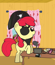 Size: 1233x1458 | Tagged: safe, artist:app1ebloom, apple bloom, earth pony, pony, g4, album cover, clubhouse, crusaders clubhouse, curtains, eyepatch, female, filly, handkerchief, hat, microphone, pirate, pirate hat, pirate radio, pun, radio, rage against the machine, solo, table, tool (band), visual pun, wires