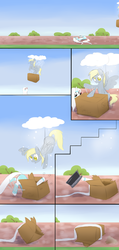 Size: 912x1920 | Tagged: safe, artist:celerypony, derpy hooves, oc, oc:celery, pegasus, pony, unicorn, g4, bored, box, cloud, comic, computer, cute, female, flying, frown, laptop computer, long tail, mare, on back, open mouth, smiling