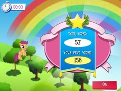 Size: 2048x1536 | Tagged: safe, gameloft, screencap, scootaloo, pegasus, pony, g4, my little pony: magic princess, app, clear the skies, female, glimmer wings, scootaloo can fly, solo