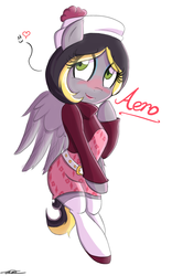 Size: 1196x1920 | Tagged: safe, artist:walliscolours, oc, oc only, oc:aero, pegasus, pony, semi-anthro, aero replies, belt, bipedal, blushing, clothes, colt, crossdressing, hat, heart, lipstick, makeup, male, offspring, parent:derpy hooves, parent:oc:warden, parents:canon x oc, parents:warderp, shoes, simple background, skirt, socks, solo, stockings, trap, white background