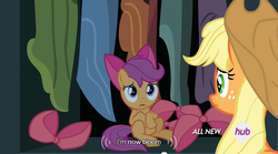 Size: 640x355 | Tagged: safe, screencap, applejack, scootaloo, sweetie belle, g4, somepony to watch over me, all new, meme, text, youtube caption