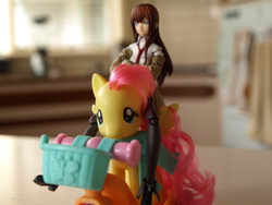 Size: 3648x2736 | Tagged: safe, fluttershy, g4, basket, boots, brushable, clothes, crossover, figma, high res, irl, makise kurisu, necktie, photo, pink mane, red hair, riding, scarf, scooter, steins;gate, toy, toy pony cavalry