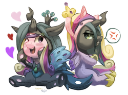 Size: 1280x953 | Tagged: dead source, safe, artist:moonseeker, princess cadance, queen chrysalis, alicorn, changeling, changeling queen, pony, g4, clothes, costume, female, kigurumi, pony costume, role reversal