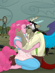 Size: 2499x3287 | Tagged: safe, artist:zabchan, discord, pinkie pie, human, barefoot, bedroom eyes, clothes, discopie, eared humanization, eye contact, feet, female, holding, horned humanization, humanized, imminent kissing, kneeling, male, pony coloring, rock farm, shipping, sitting, smiling, straight, tailed humanization, winged humanization
