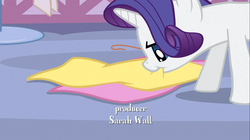 Size: 1365x767 | Tagged: safe, screencap, rarity, g4, my little pony: friendship is magic, stare master, fabric, female, mouth hold, sarah wall, solo